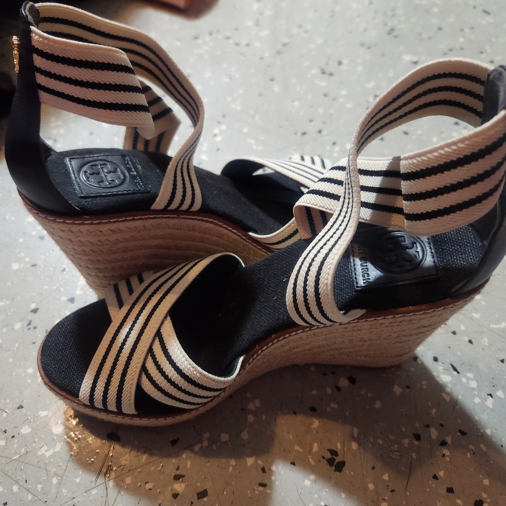 Tory Burch Black and White Striped Wedges